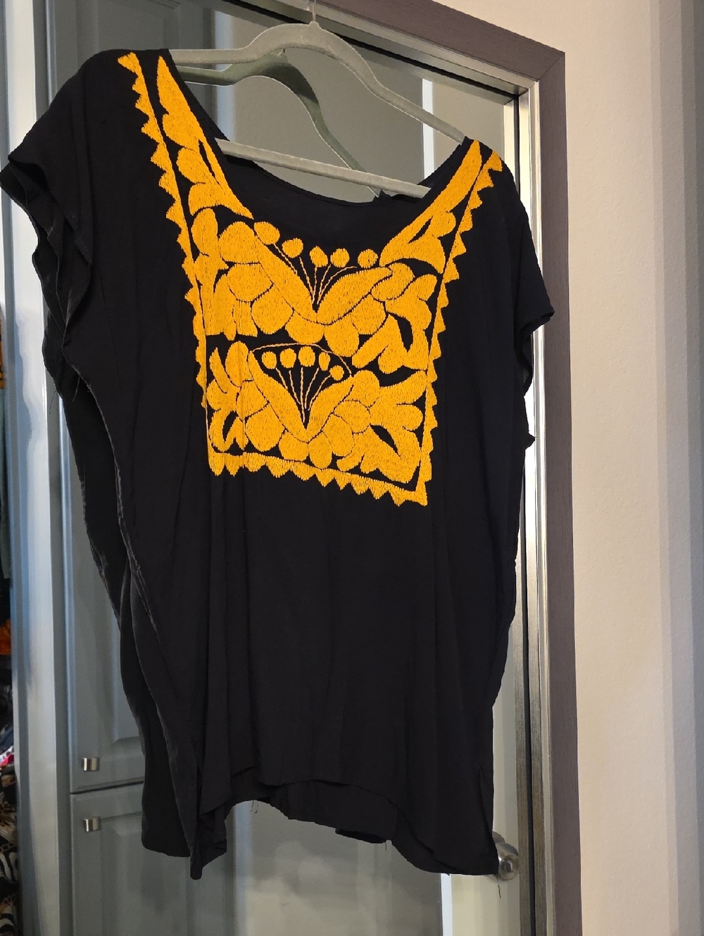 Black Women's Square-Neck Embroidered Top with Mustard Floral Yoke